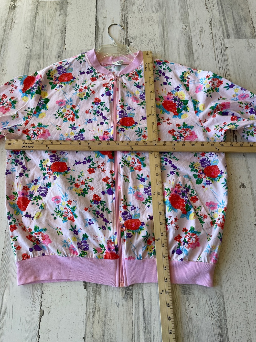 Vintage Floral Pink Zip-Front Thin Cotton Bomber Jacket SZ L - Picture 3 of 9